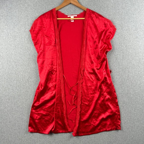 Victoria's Secret Other - Victoria's Secret Robe Womens M Red Satin Lace Trim Short Sleeve Loungewear